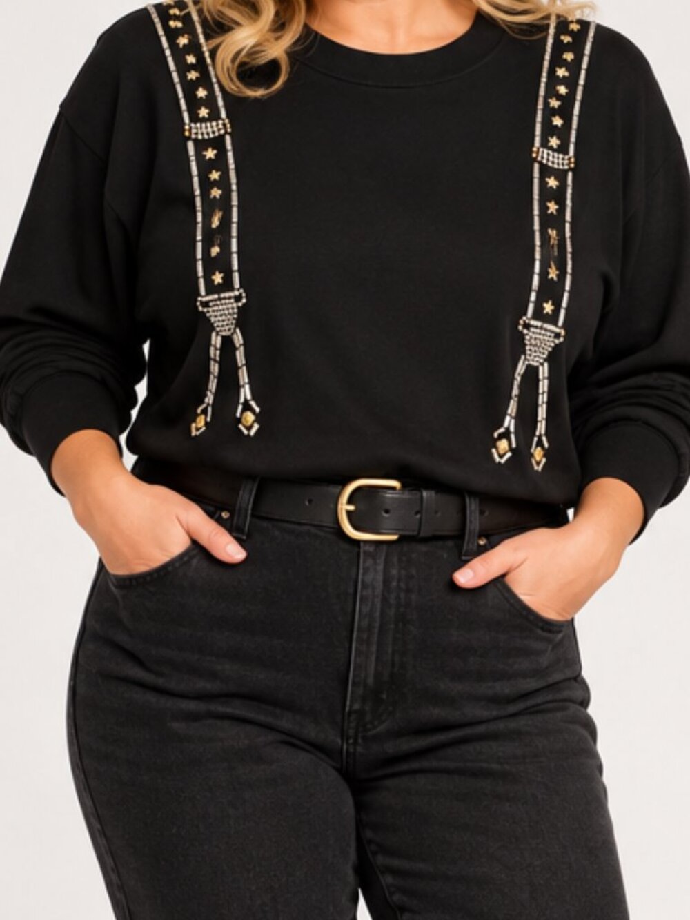 Vintage Christine Alexander Black Embellished Suspenders Long Sleeve T-shirt